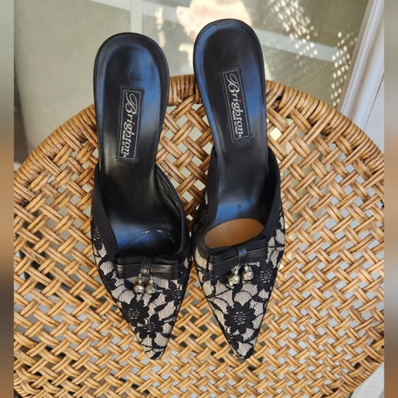 Brighton‎ Slides Mules Shoes Heels Black Cream Floral Slip - Picture 1 of 5